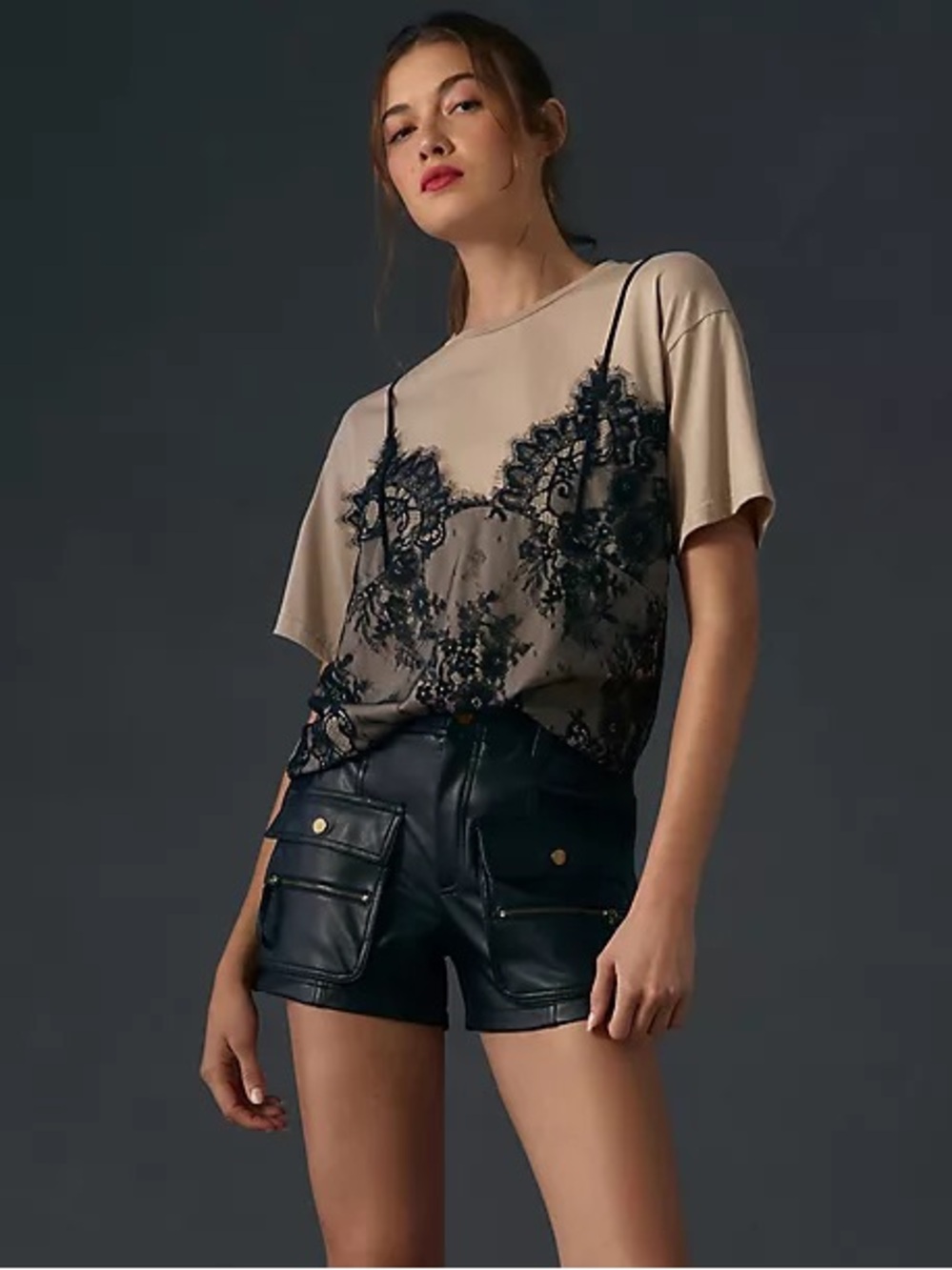 DOLAN Layered Lace Crew Tee Beige Black Size Small EUC Anthropologie
